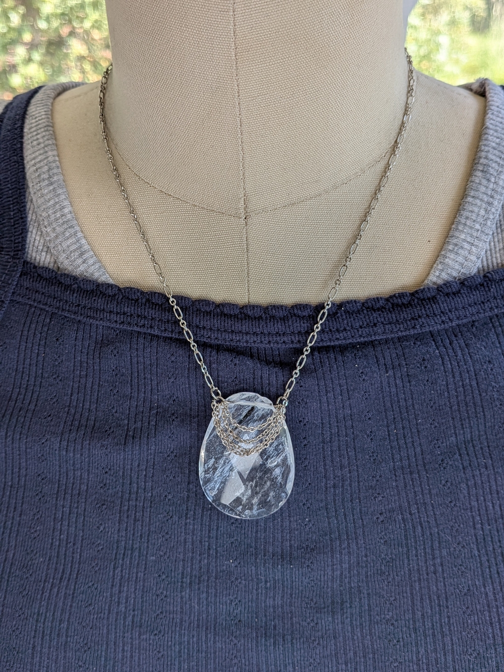 Faceted Clear Quartz Teardrop Pendant Silver Tone Drape Chain Necklace